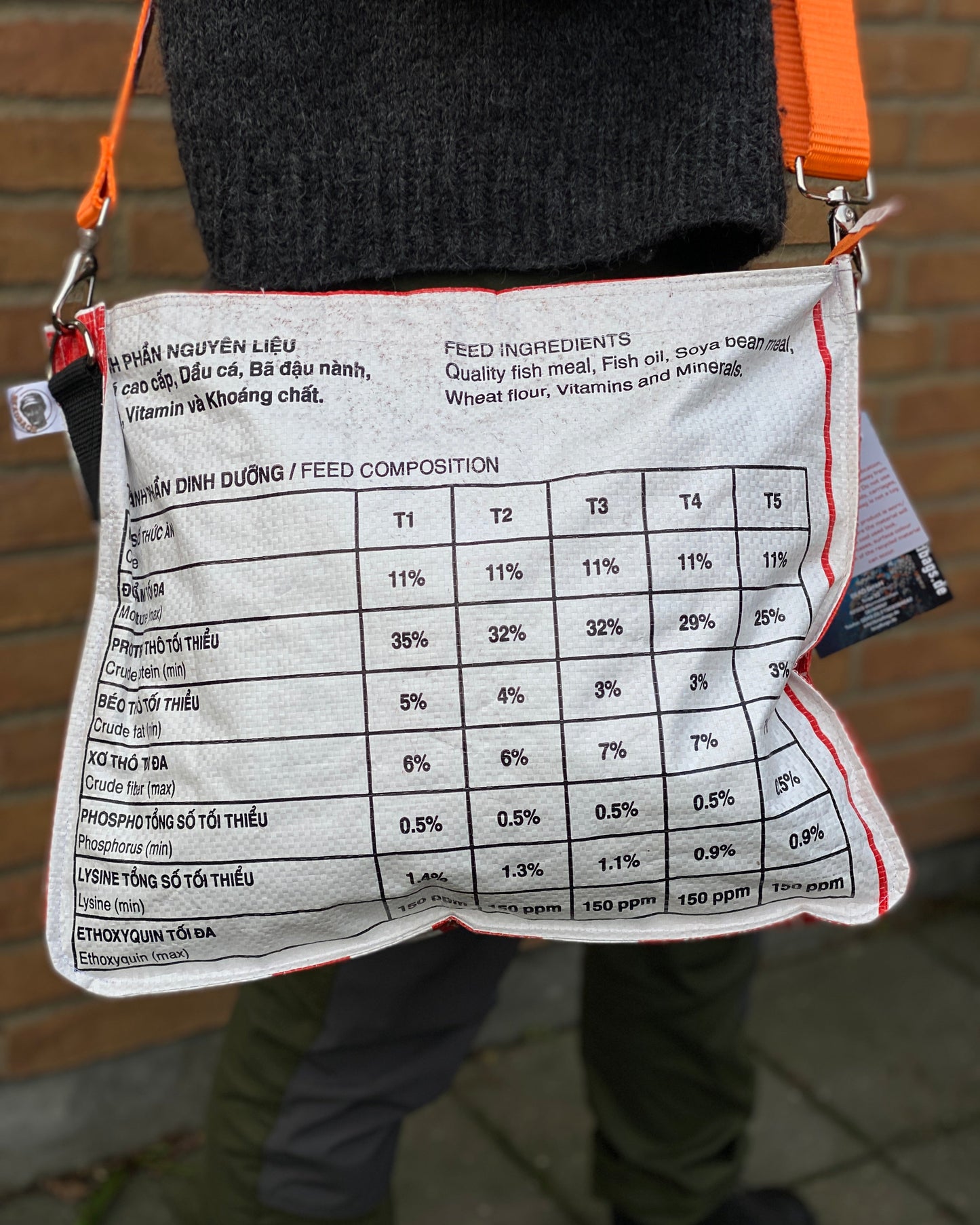 skuldertaske i genbrugte materialer